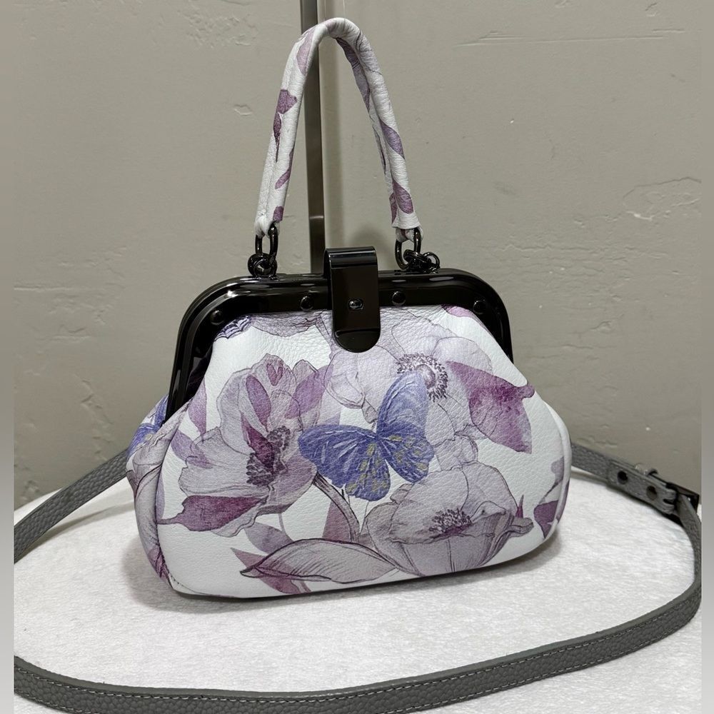 Butterfly Print Cowhide Leather Handmade Rivet Frame Push Lock Multi Use Handbag